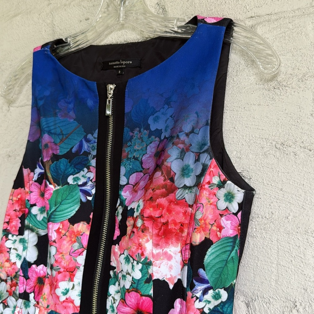 Nanette Lepore Venice Beach Blue Floral Zip Front Sleeveless Sheath Dress Size 2 - Picture 4 of 15
